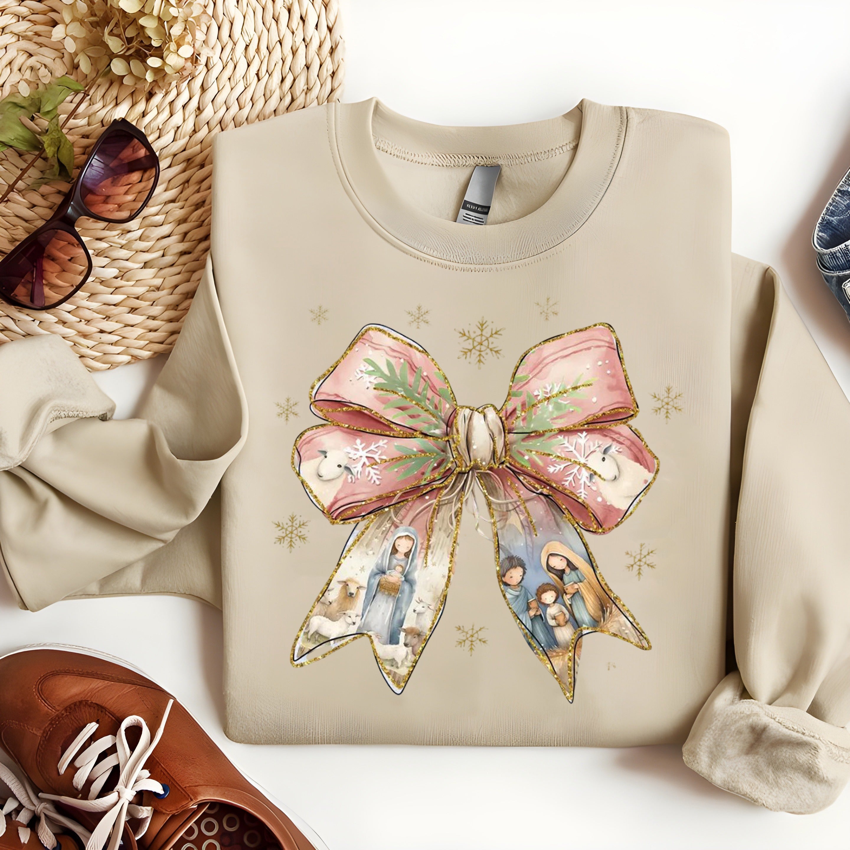 Nativity Bow Christmas Sweatshirt, Christian Holiday Pullover, Religious Crewneck with Manger Scene and Festive Ribbon
